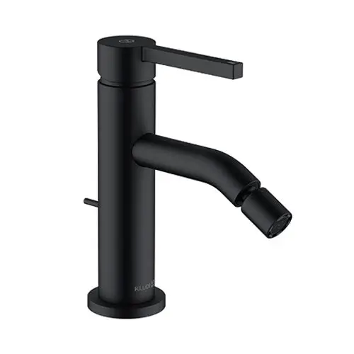 Schwarzer Kludi-Wasserhahn mit einem schwenkbaren Auslauf und einem Hebel an der Oberseite zur Steuerung des Wasserdurchflusses.